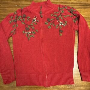 Vintage Coldwater Creek Pinecone Bird Embroidered Zip Cardigan Woodland Winter M